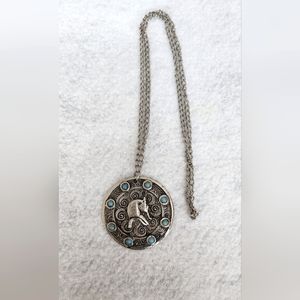Egyptian Pharaoh Pendant With Faux Turquoise Silver Tone Necklace